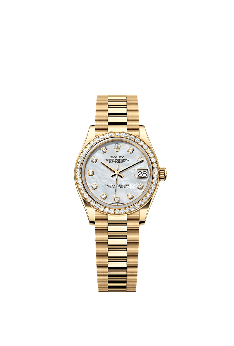 Datejust 31, 蠔式,31毫米,鑽石及黃金, 錶面 : 白色珍珠母,鑲鑽石, Rolex