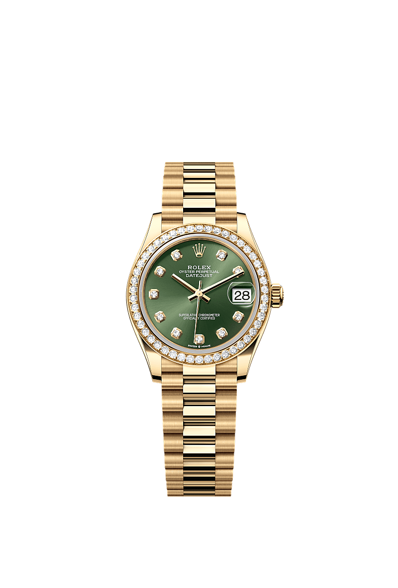 Datejust 31, Oyster, 31 mm, sarı altın ve pırlanta, Kadran : Pırlantalı, zeytin yeşili, Rolex