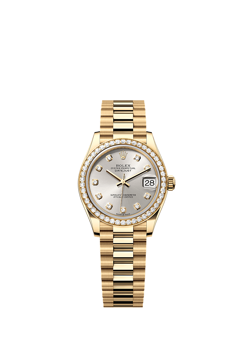 Datejust 31, Oyster, 31 mm, oro amarillo y diamantes, Esfera : Plateada engastada de diamantes, Rolex