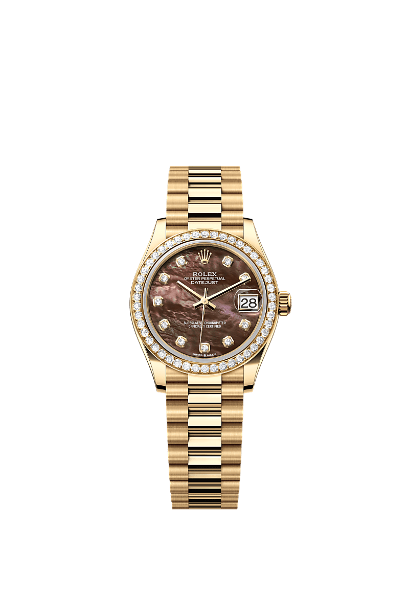 Datejust 31, Oyster, 31 mm, ouro amarelo e diamantes, Mostrador : Madrepérola preta cravejado de diamantes, Rolex