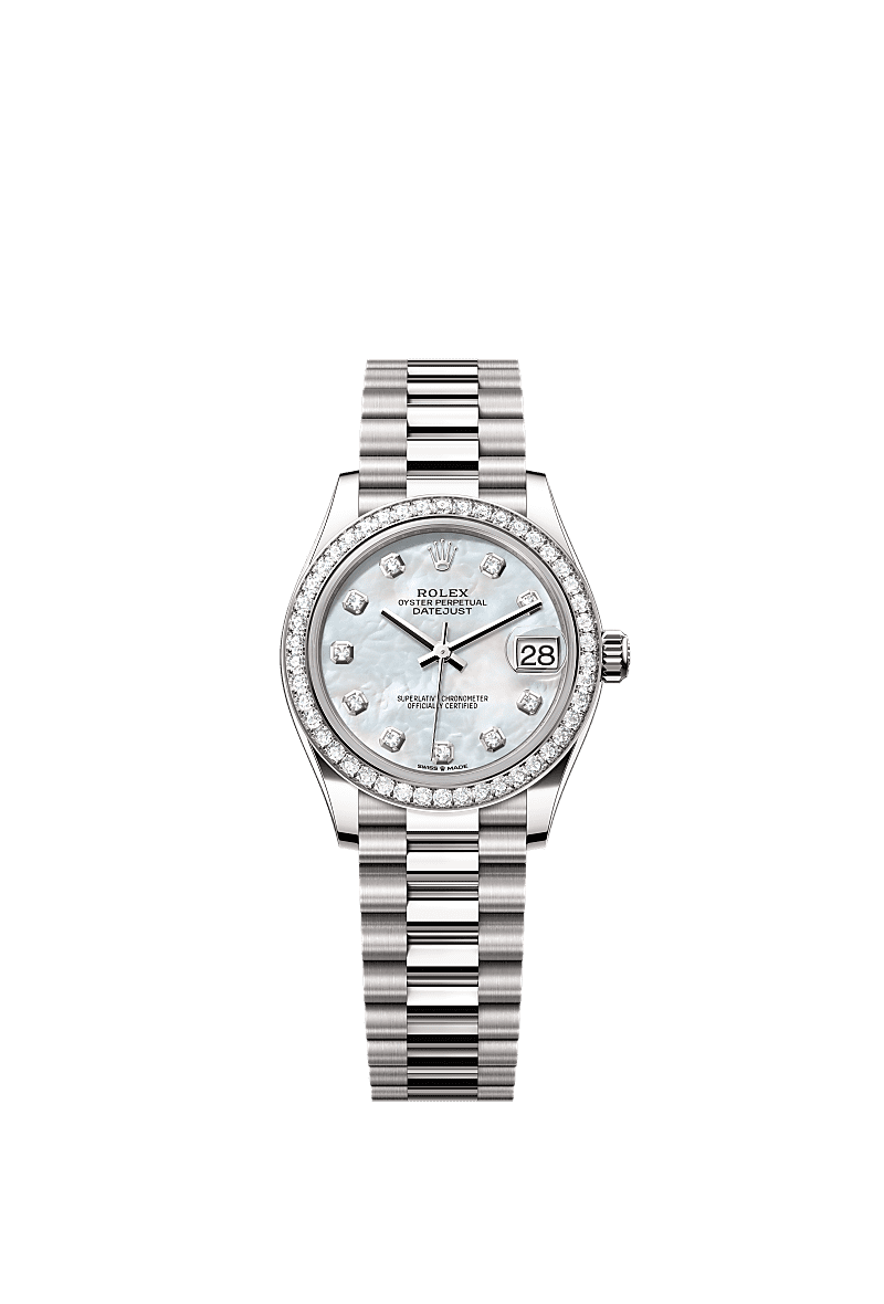 Datejust 31, Oyster, 31 mm, emas putih dan berlian, Permukaan : Mutiara tempurung putih bertatahkan berlian, Rolex
