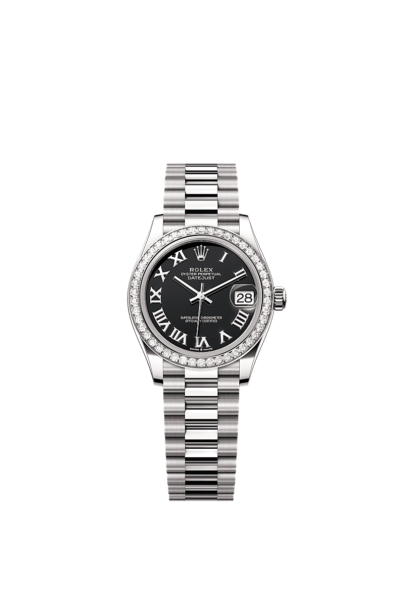 Datejust 31, Oyster, 31 mm, emas putih dan berlian, Permukaan : Hitam terang, Rolex