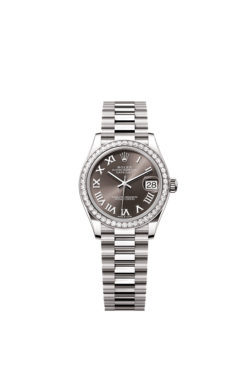 Datejust 31, Oyster, 31 mm, emas putih dan berlian, Permukaan : Kelabu tua, Rolex