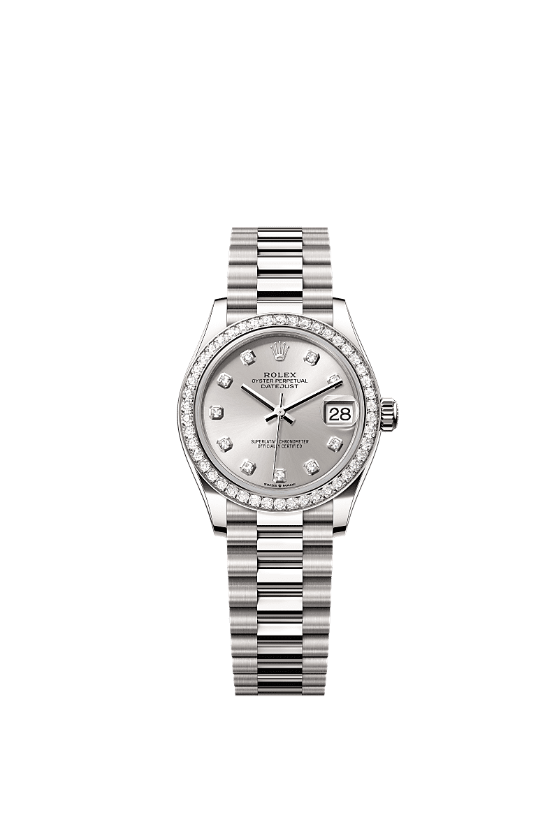 Datejust 31, اویستر، ۳۱ میلیمتری، طلای سفید و الماس, صفحه : نقرهای الماسنشان, Rolex