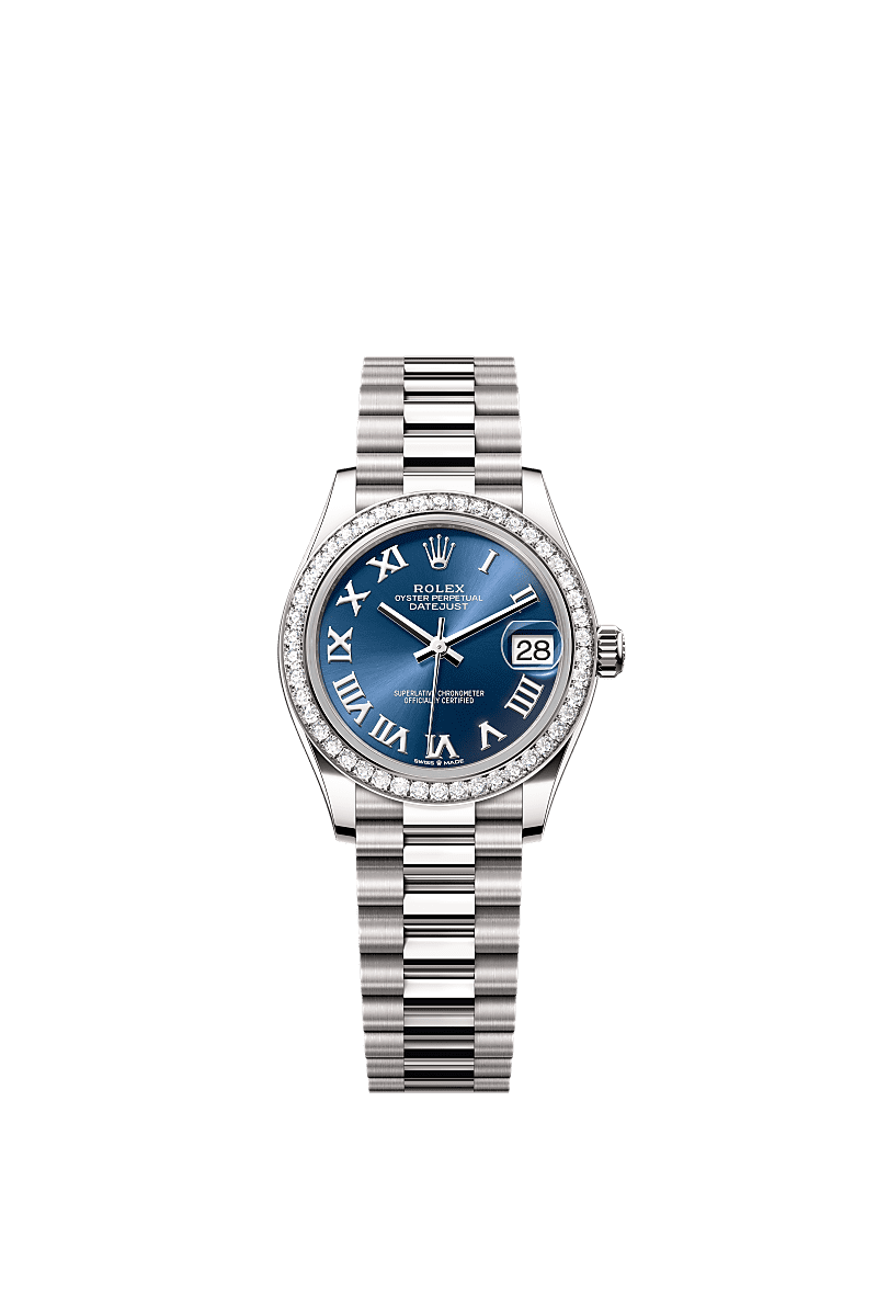 Datejust 31, Oyster, 31 mm, emas putih dan berlian, Dial : Biru cerah, Rolex