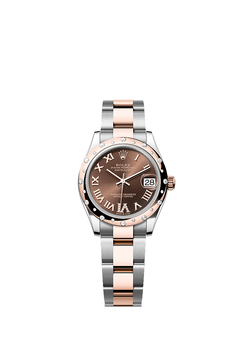 Datejust 31, Oyster, 31 mm, Oystersteel, emas Everose dan berlian, Permukaan : Coklat bertatahkan berlian, Rolex