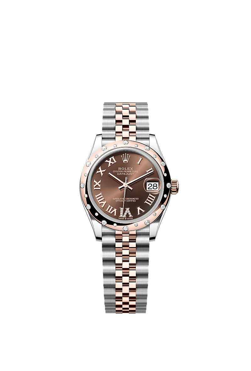 Datejust 31, Oyster, 31 mm, Oystersteel çelik, Everose altın ve pırlanta, Kadran : Pırlantalı, çikolata rengi, Rolex