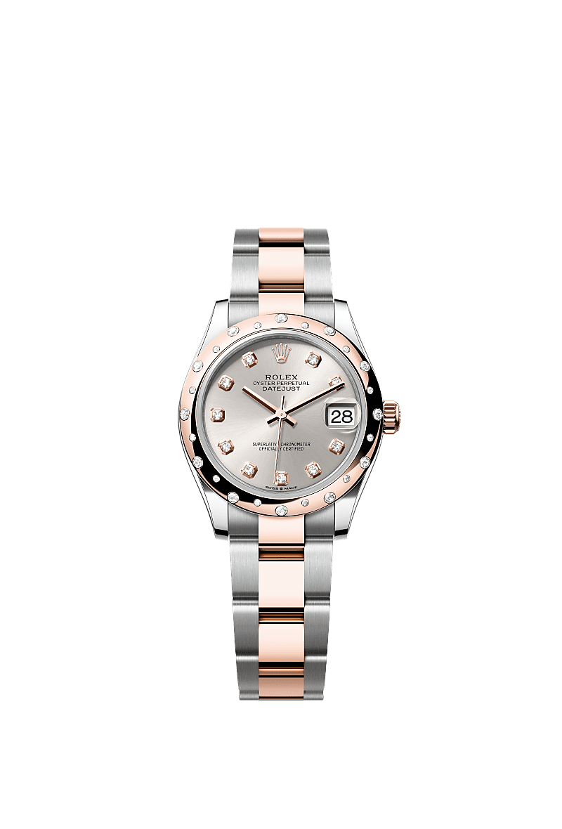 Datejust 31, Oyster, 31 mm, Oystersteel, Everose-goud en diamanten, Wijzerplaat : Zilverkleurig bezet met diamanten, Rolex