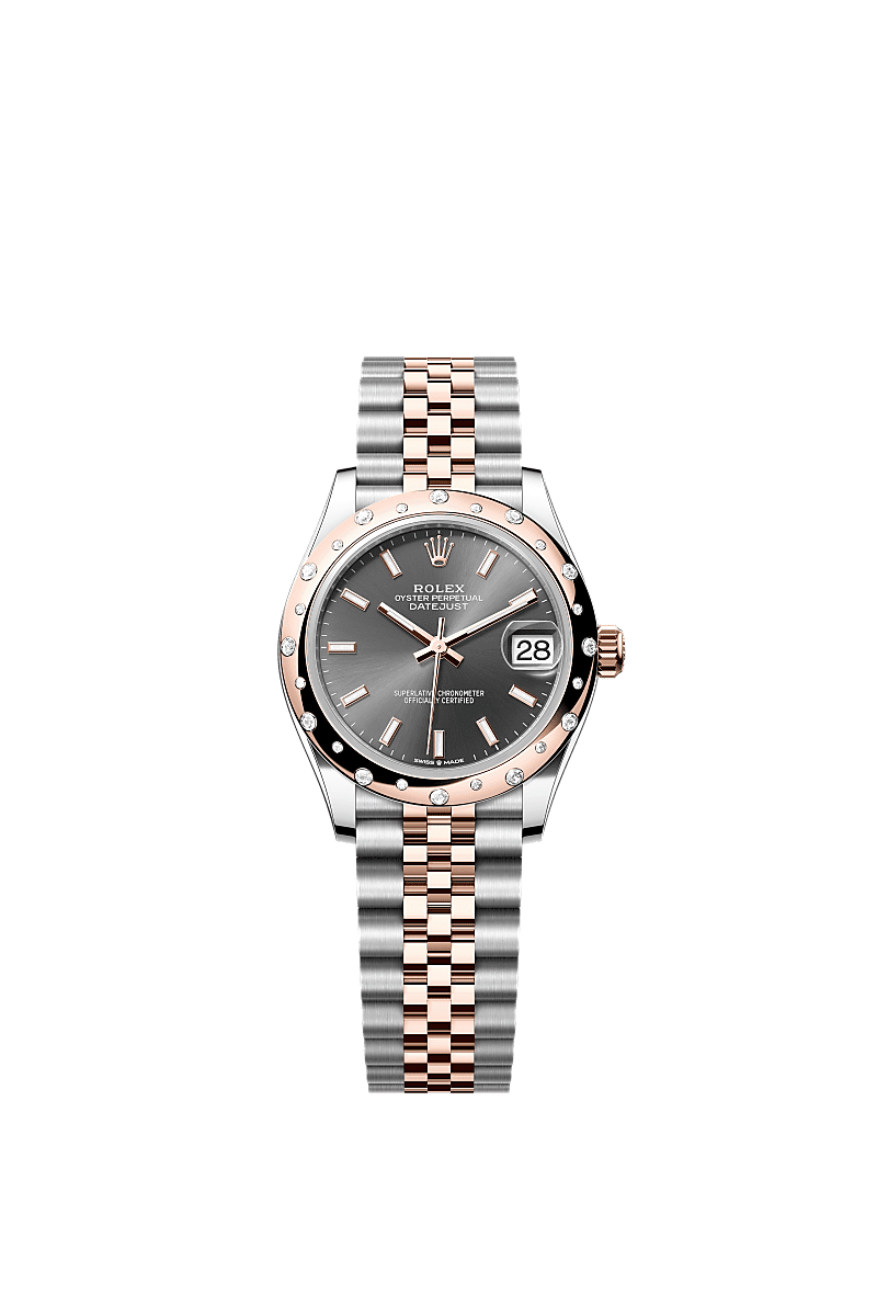 Datejust 31, 蠔式,31毫米,鑽石、永恒玫瑰金及蠔式鋼, 錶面 : 石板灰色, Rolex