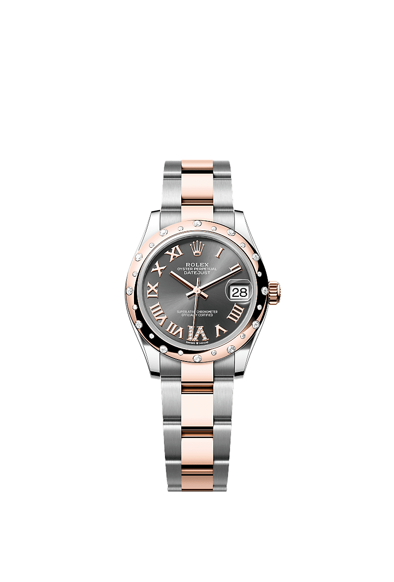 Datejust 31, Oyster, 31 mm, Oystersteel, Everose-goud en diamanten, Wijzerplaat : Leigrijs, bezet met diamanten, Rolex