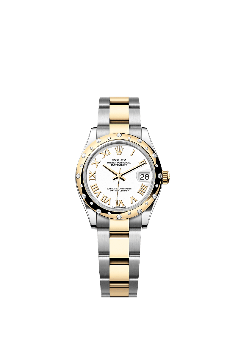 Datejust 31, Oyster, 31 mm, Oystersteel, emas kuning dan berlian, Permukaan : Putih, Rolex
