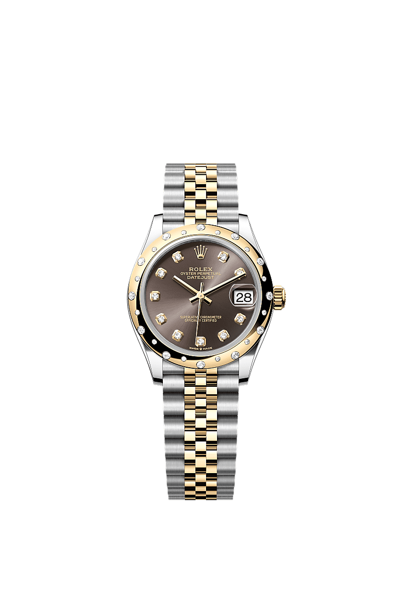Datejust 31, 蠔式,31毫米,鑽石、黃金及蠔式鋼, 錶面 : 深灰色,鑲鑽石, Rolex