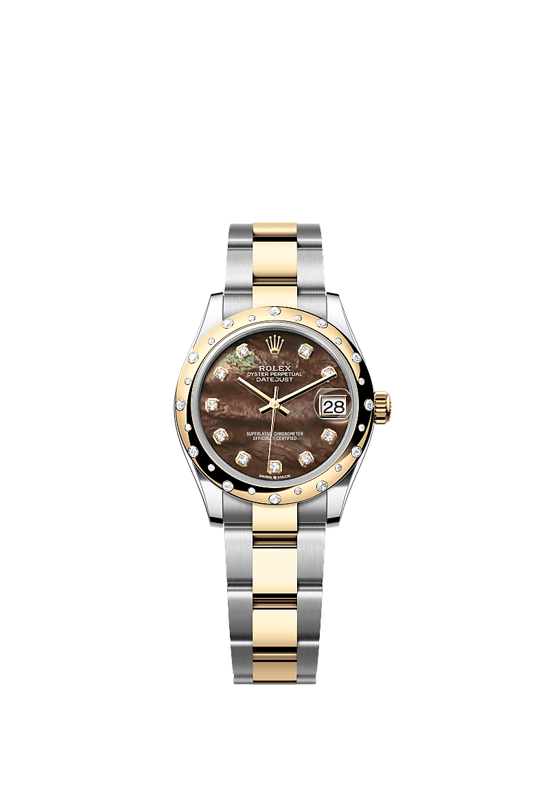 Datejust 31, 오이스터, 31mm, 오이스터스틸, 옐로우 골드와 다이아몬드, 다이얼 : 다이아몬드가 세팅된 블랙 진주자개, Rolex