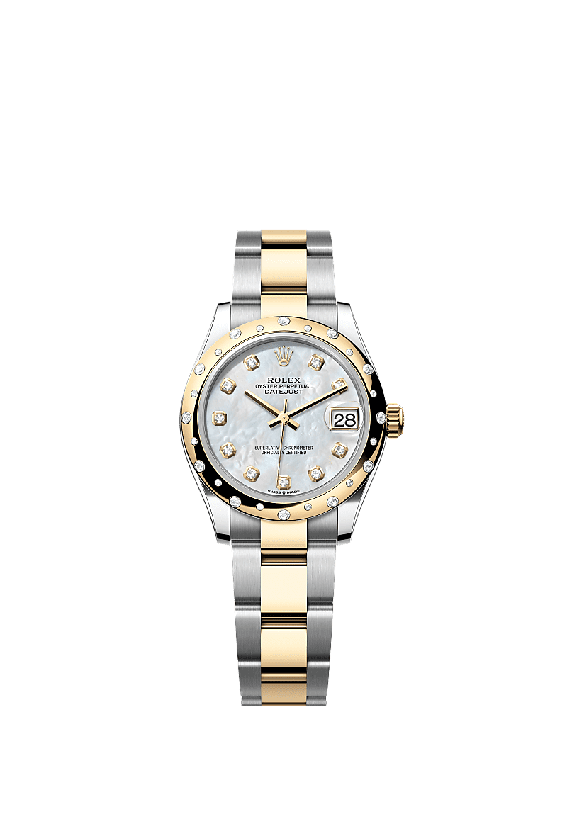 Datejust 31, Oyster, 31 mm, acciaio Oystersteel, oro giallo e diamanti, Quadrante : In madreperla bianca con diamanti, Rolex