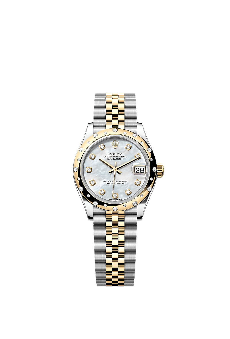 Datejust 31, Oyster, 31 mm, aço Oystersteel, ouro amarelo e diamantes, Mostrador : Madrepérola branca cravejado de diamantes, Rolex