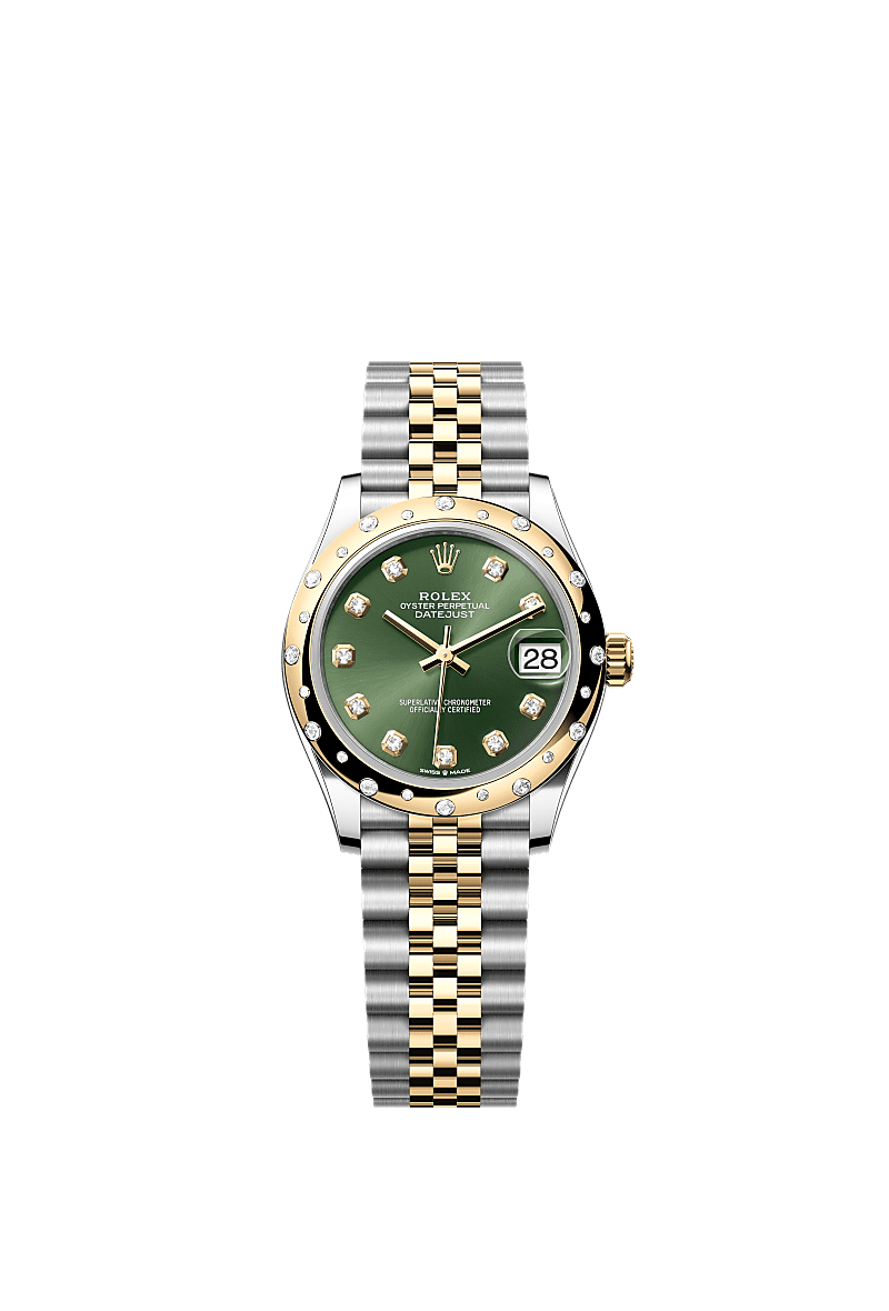 Datejust 31, Oyster, 31 mm, Oystersteel, yellow gold and diamonds, Dial : Olive green set with diamonds, Rolex