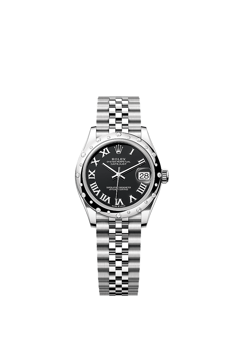 Datejust 31, Oyster, 31 mm, aço Oystersteel, ouro branco e diamantes, Mostrador : Preto vivo, Rolex