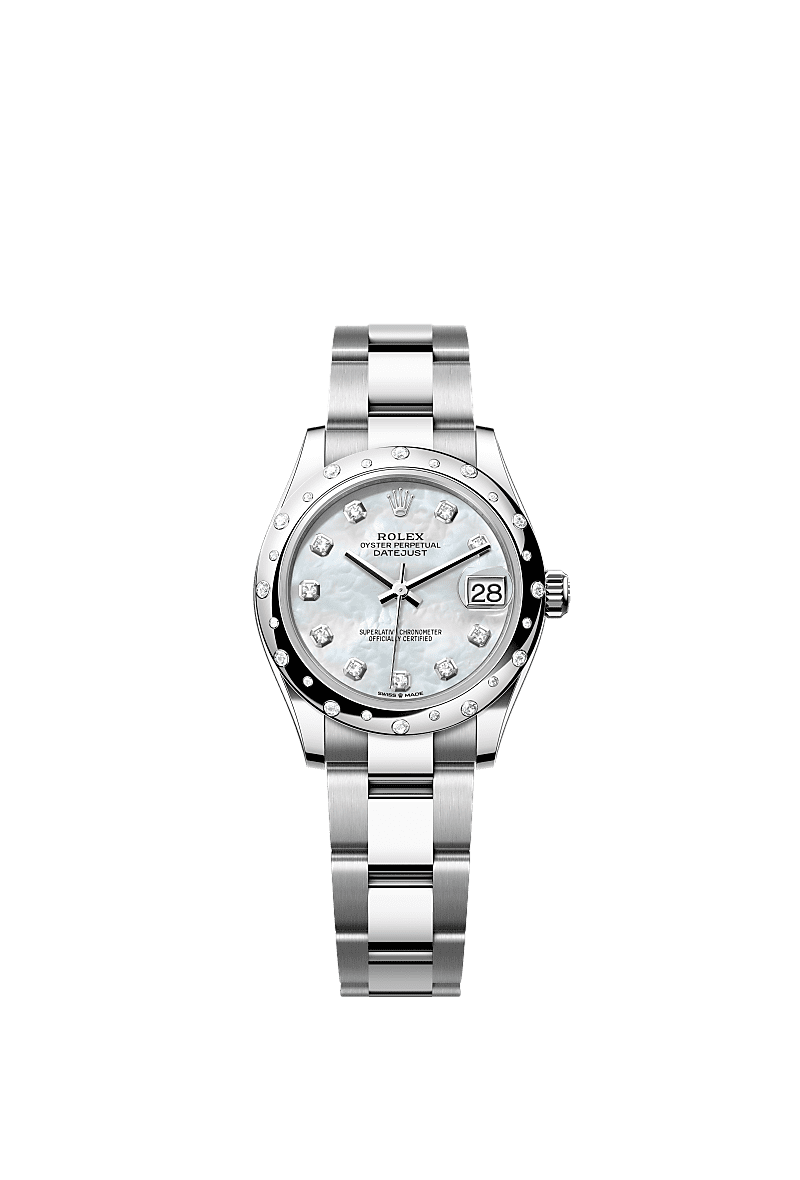 Datejust 31, Oyster, 31 mm, Oystersteel, witgoud en diamanten, Wijzerplaat : Wit parelmoer, bezet met diamanten, Rolex