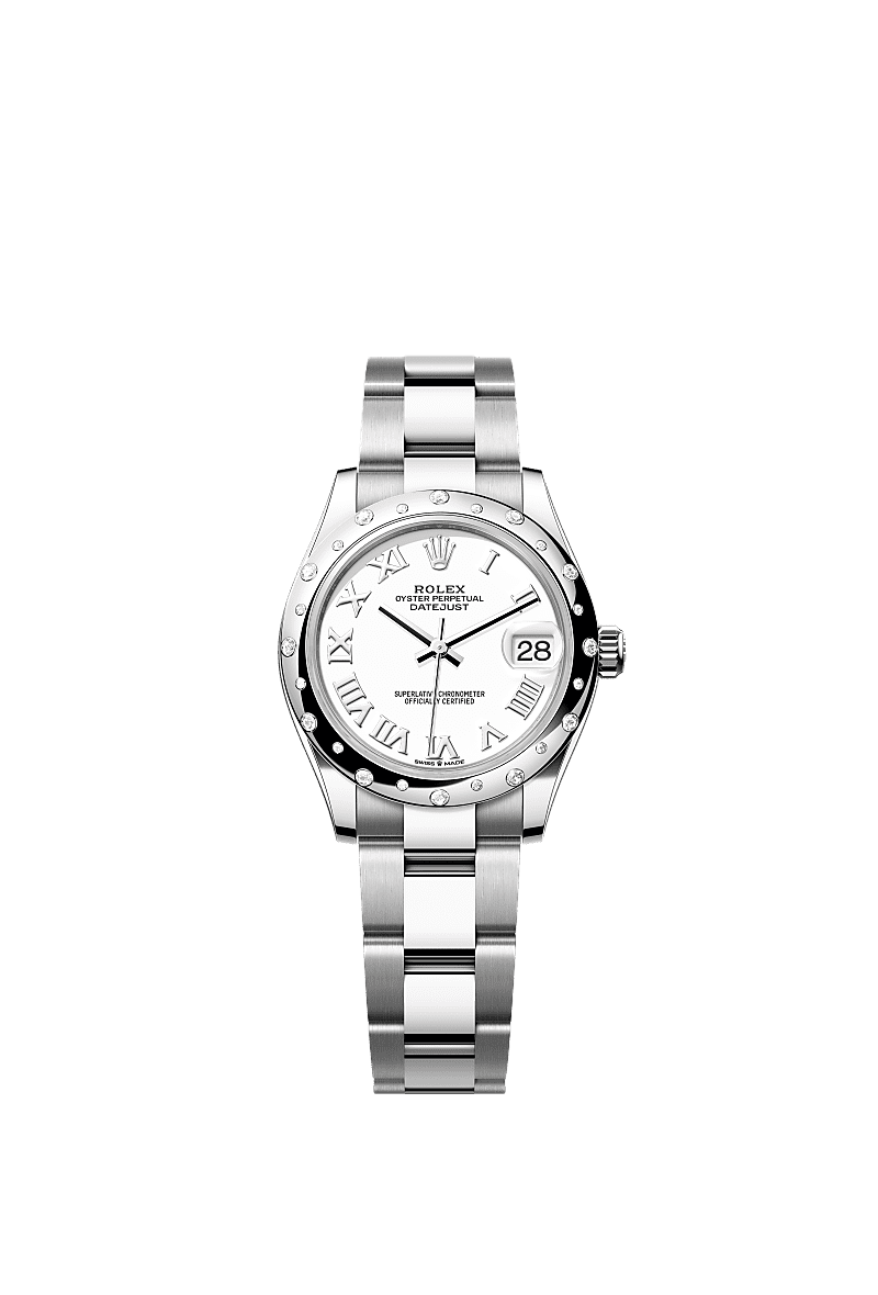 Datejust 31, Oyster, 31 mm, acier Oystersteel, or gris et diamants, Cadran : Blanc, Rolex