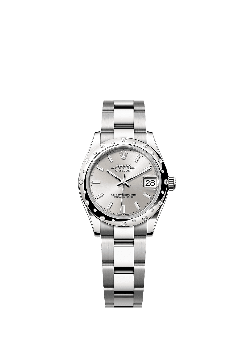 Datejust 31, Oyster, 31 mm, acier Oystersteel, or gris et diamants, Cadran : Argenté, Rolex
