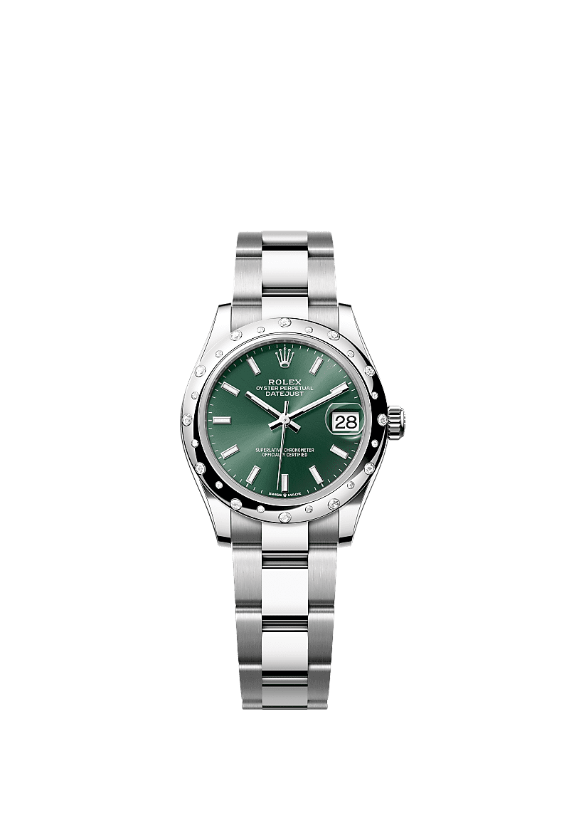 Datejust 31, Oyster, 31 mm, acciaio Oystersteel, oro bianco e diamanti, Quadrante : Verde menta, Rolex