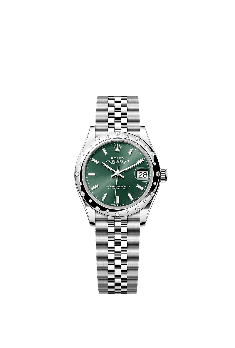 Datejust 31, Oyster, 31 มม., Oystersteel, ทองคำขาวและเพชร, หน้าปัด : สีเขียวมิ้นต์, Rolex