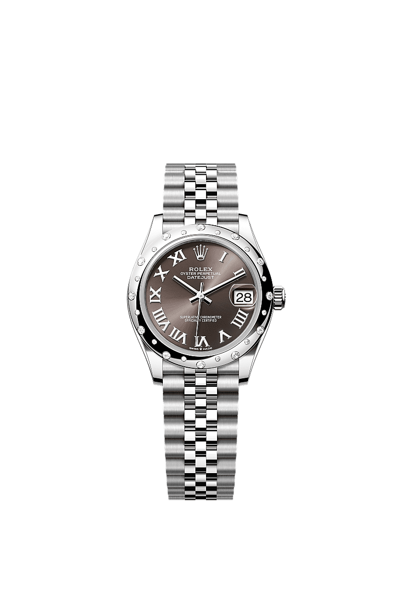 Datejust 31, Oyster, 31 mm, aço Oystersteel, ouro branco e diamantes, Mostrador : Dark grey, Rolex