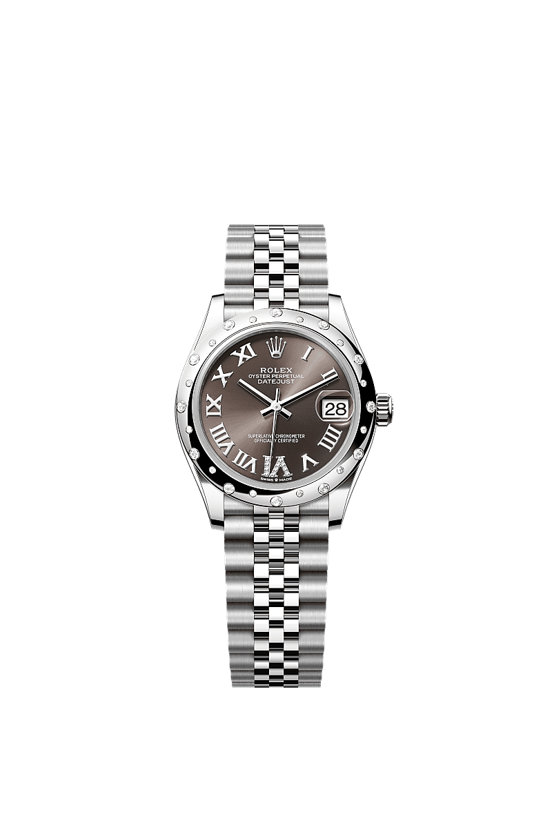 Datejust 31, Oyster, 31 mm, aço Oystersteel, ouro branco e diamantes, Mostrador : Dark grey cravejado de diamantes, Rolex