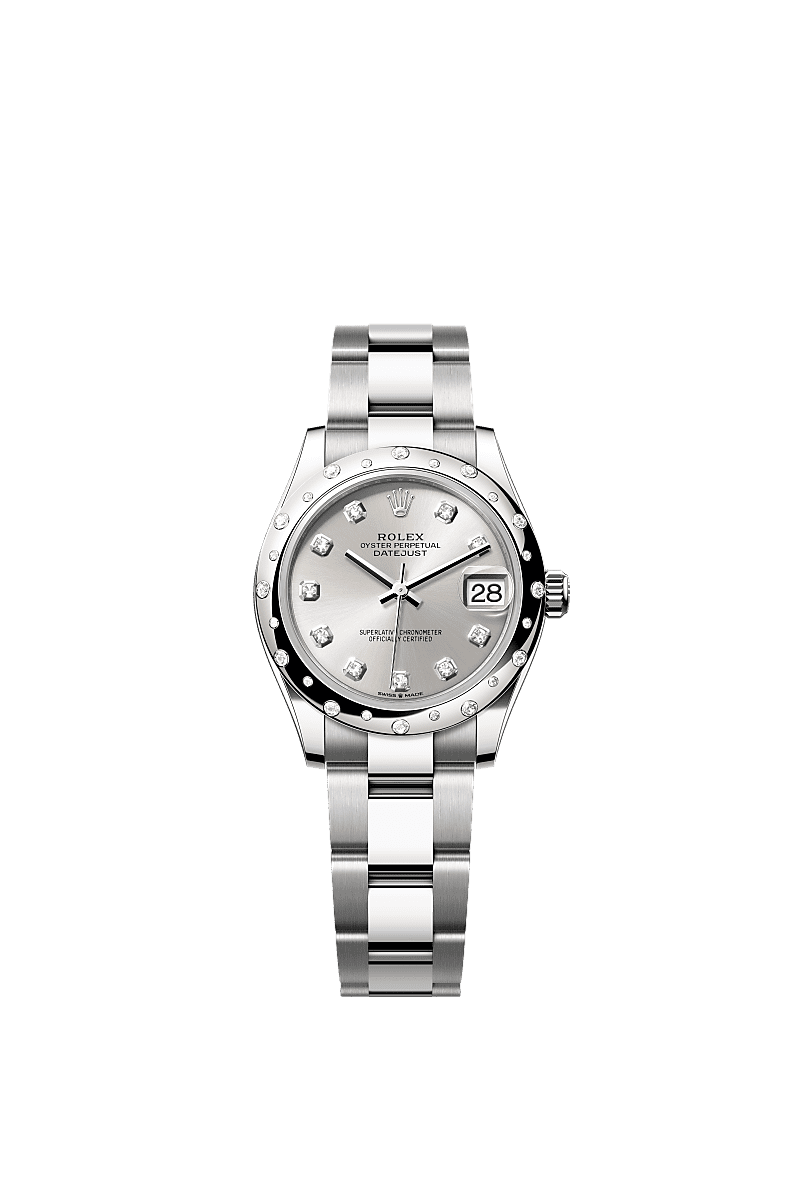 Datejust 31, Oyster, 31 mm, aço Oystersteel, ouro branco e diamantes, Mostrador : Prateado cravejado de diamantes, Rolex