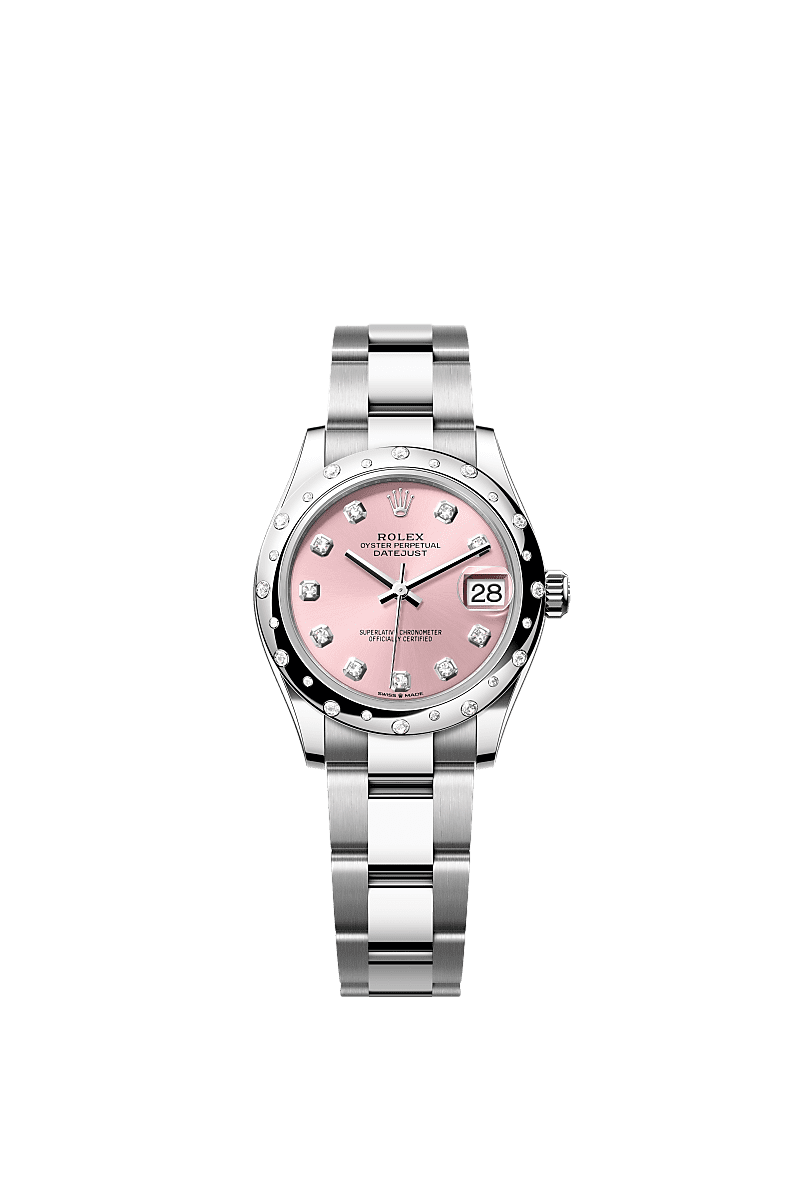 Datejust 31, Oyster, 31 mm, stal Oystersteel, białe złoto i brylanty, Tarcza : Różowa, wysadzana brylantami, Rolex