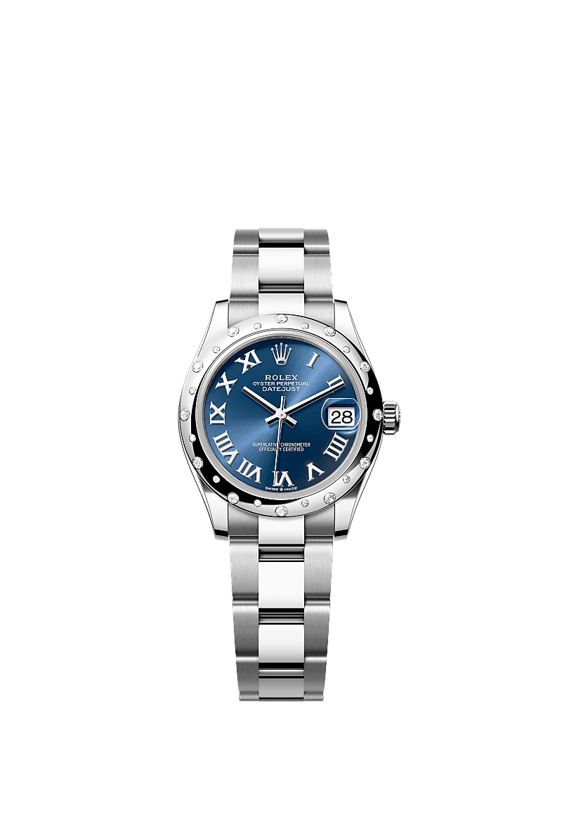Datejust 31, Oyster, 31 mm, Oystersteel, emas putih dan berlian, Dial : Biru cerah, Rolex