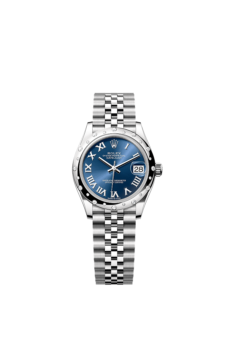 Datejust 31, Oyster, 31 mm, Oystersteel, emas putih dan berlian, Dial : Biru cerah, Rolex
