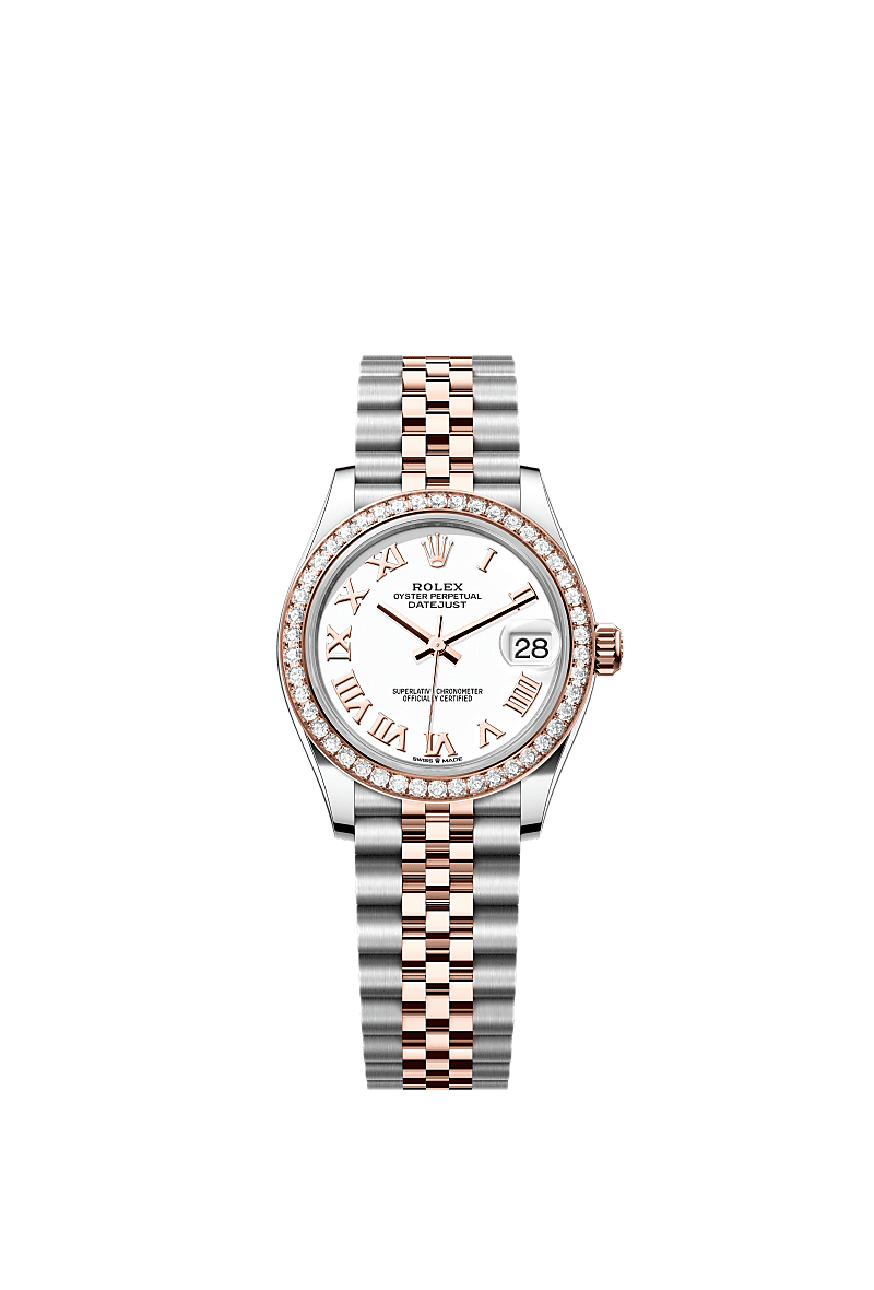 데이트저스트 31, 오이스터, 31mm, 오이스터스틸, 에버로즈 골드와 다이아몬드, 다이얼 : 화이트, Rolex