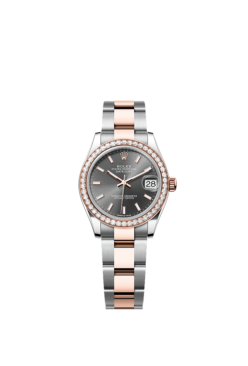 Datejust 31, Oyster, 31 mm, Oystersteel, Everose-goud en diamanten, Wijzerplaat : Leigrijs, Rolex