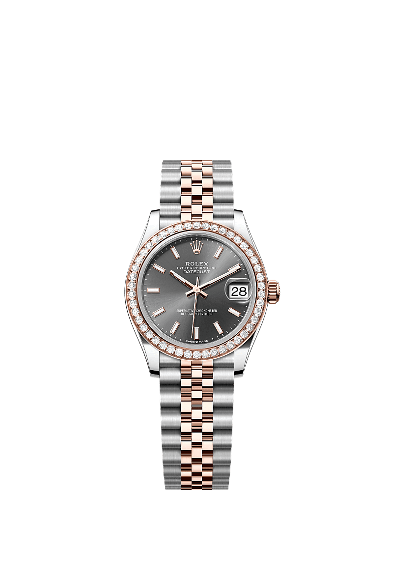 Datejust 31, اویستر، ۳۱ میلیمتری، اویستراستیل، طلای اِوررُز و الماس, صفحه‌ : خاکستری, Rolex