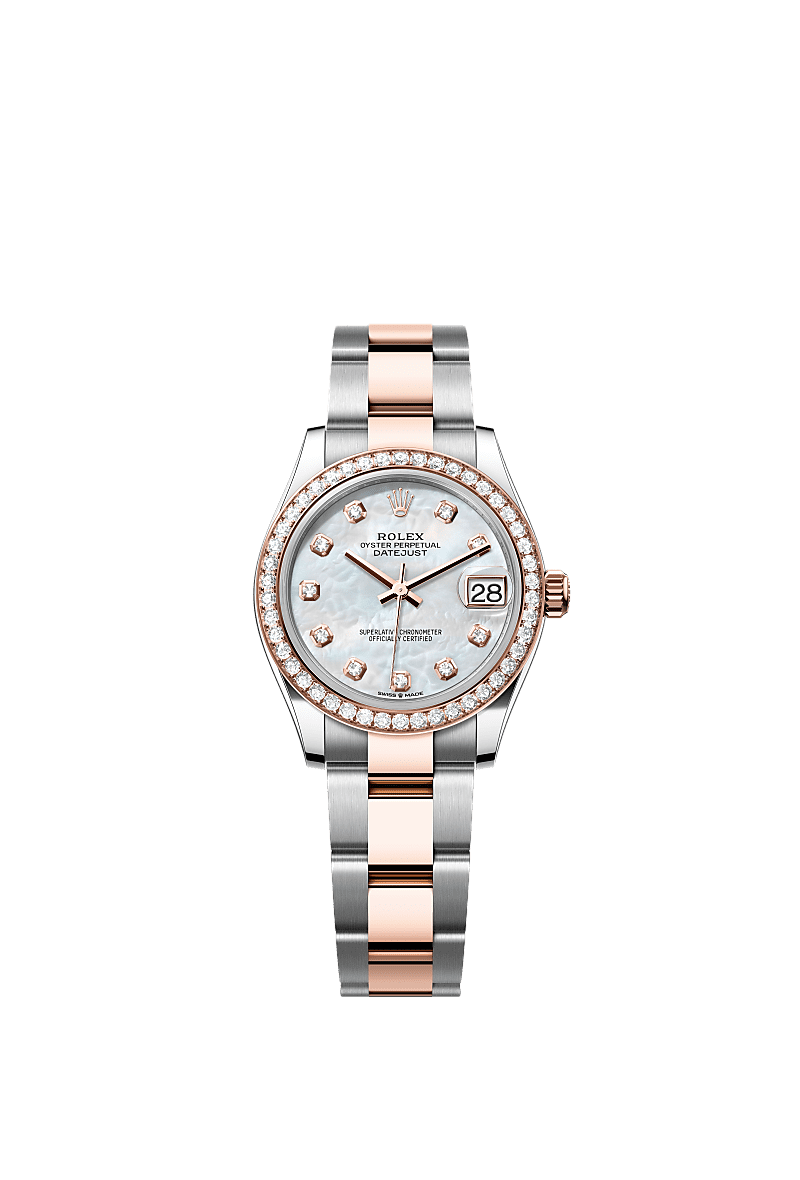 डेटजस्ट 31, ऑयस्टर, 31 मिमी, ऑयस्टरस्टील, एवरोज़ गोल्ड और डायमंड्स, डायल : डायमंड्स से जड़ित व्हाइट मदर-ऑफ़-पर्ल, Rolex