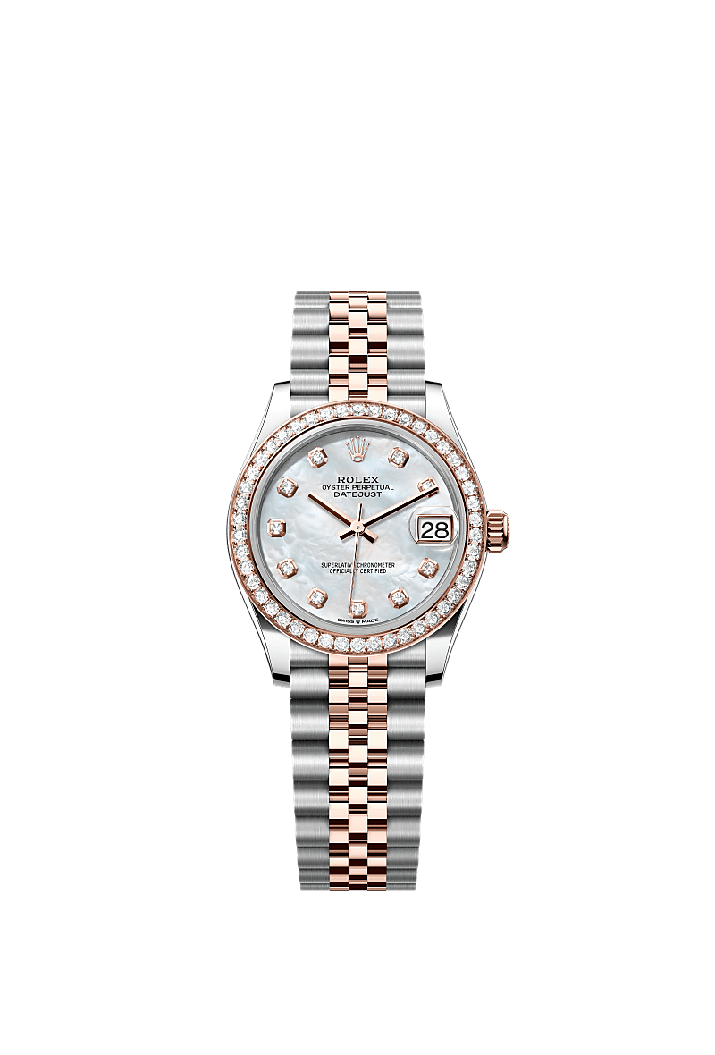 Datejust 31, Oyster, 31 mm, aço Oystersteel, ouro Everose e diamantes, Mostrador : Madrepérola branca cravejado de diamantes, Rolex