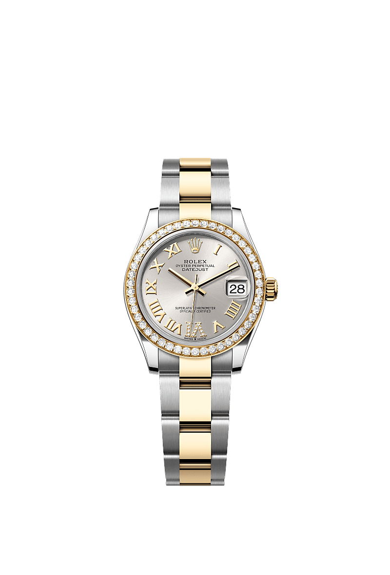 Datejust 31, Oyster, 31 มม., Oystersteel, ทองคำและเพชร, หน้าปัด : สีเงินประดับด้วยเพชร, Rolex