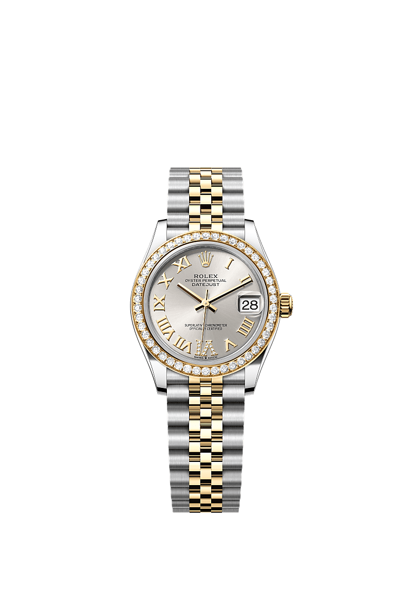 Datejust 31, 蠔式,31毫米,鑽石、黃金及蠔式鋼, 錶面 : 銀色,鑲鑽石, Rolex
