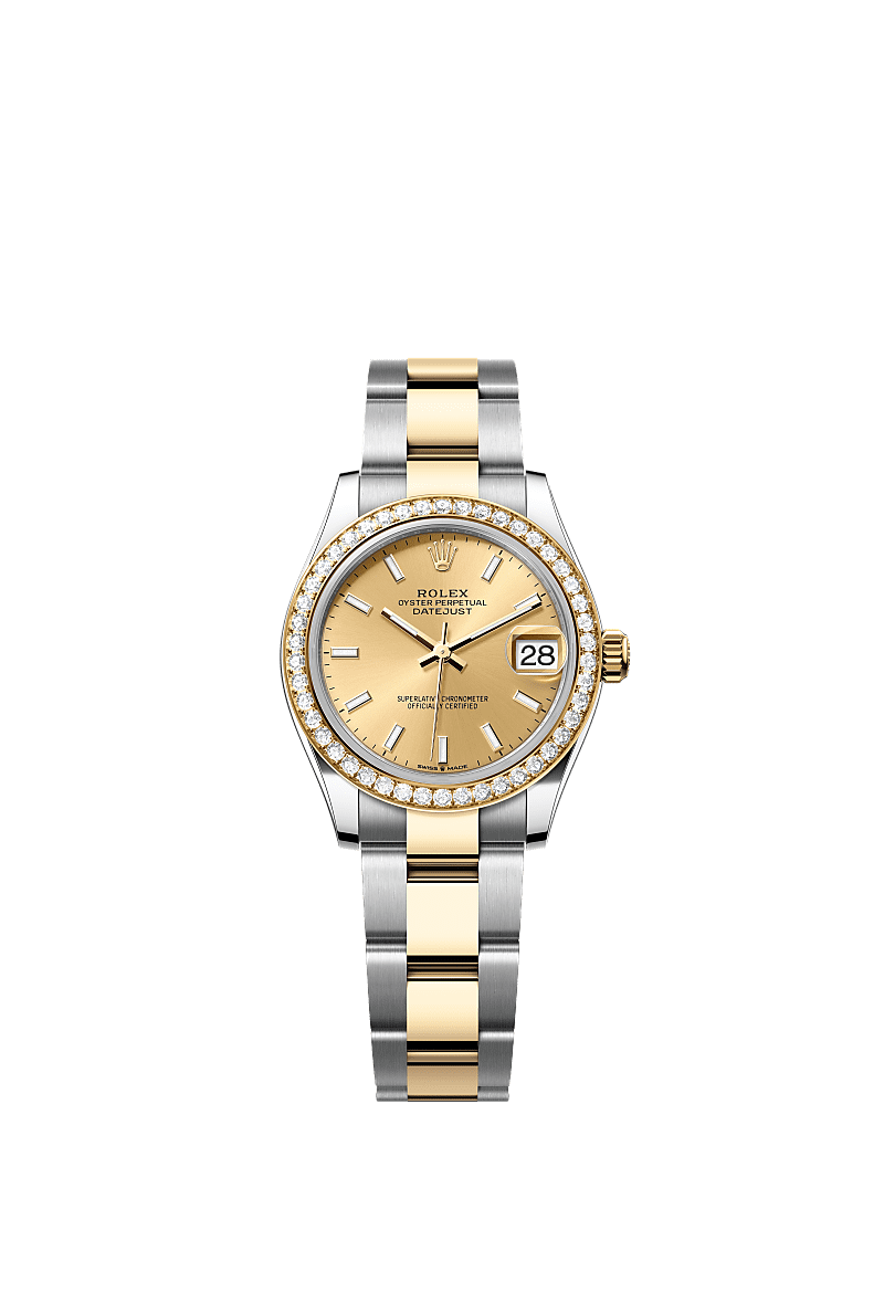 Datejust 31, Oyster, 31 mm, acero Oystersteel, oro amarillo y diamantes, Esfera : Color <i>champagne</i>, Rolex