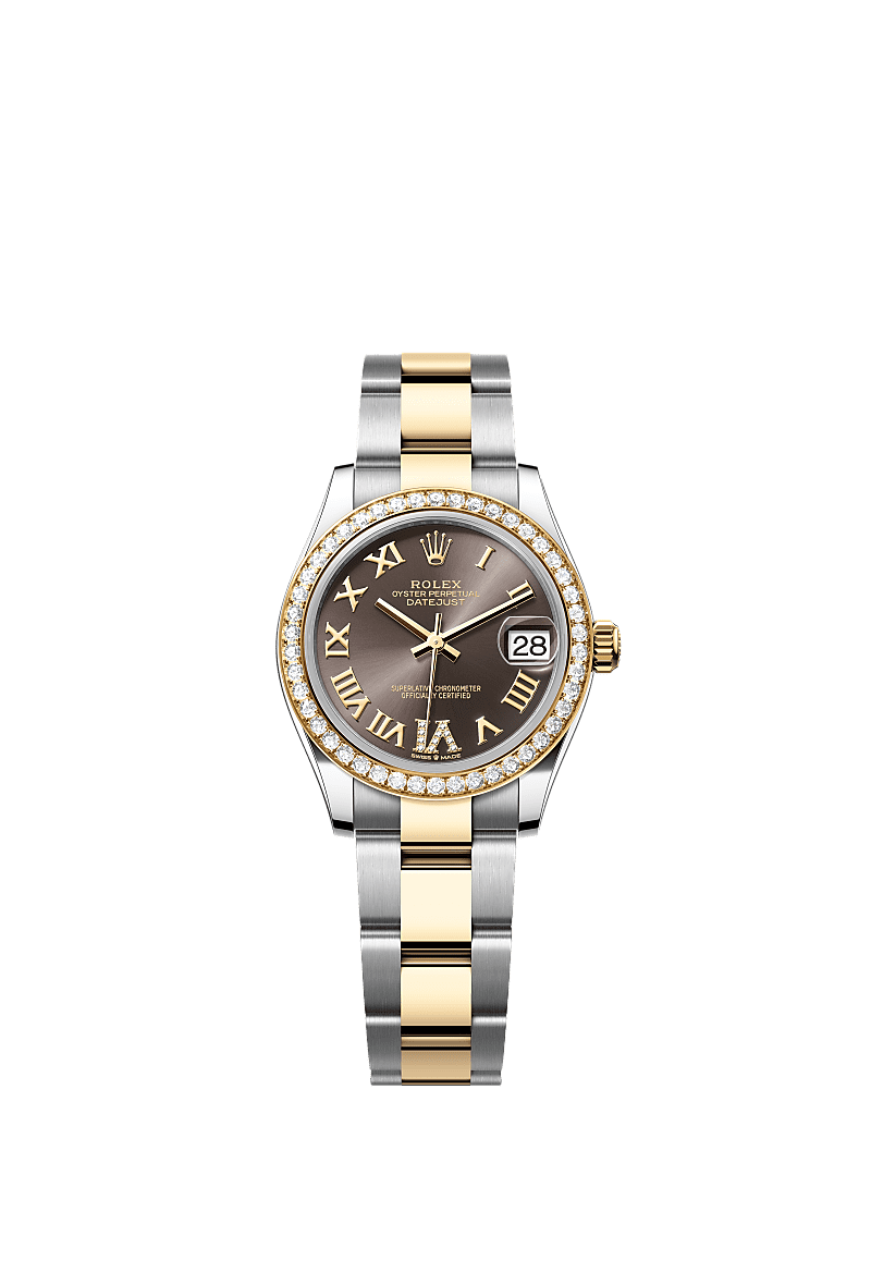 デイトジャスト 31, オイスター、31 mm、オイスタースチール&イエローゴールド、ダイヤモンド, ダイアル : ダイヤモンド入り、ダークグレー, Rolex