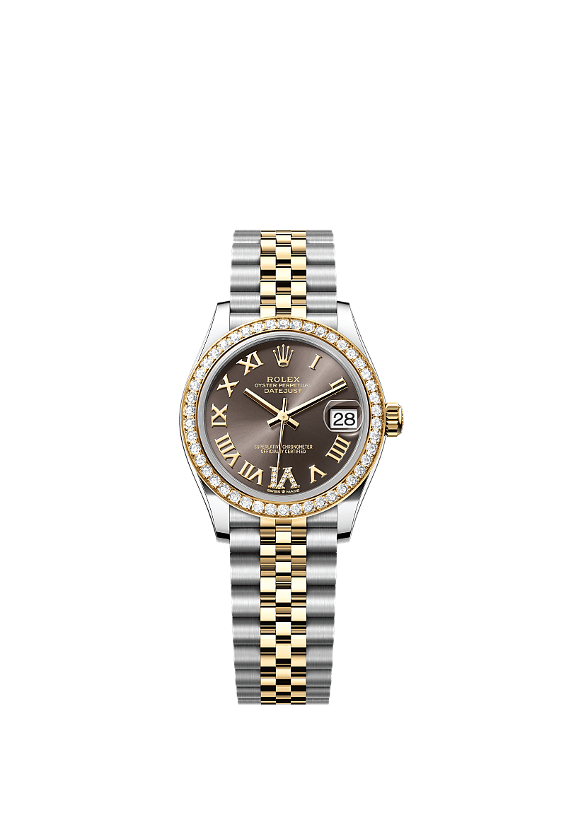 Datejust 31, Oyster, 31 mm, aço Oystersteel, ouro amarelo e diamantes, Mostrador : Dark grey cravejado de diamantes, Rolex
