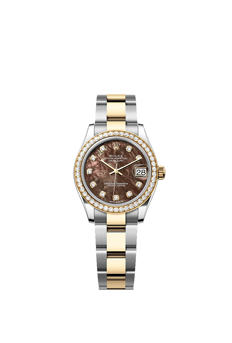 Datejust 31, Oyster, 31 mm, Oystersteel, emas kuning dan berlian, Permukaan : Indung mutiara hitam dipasangkan dengan berlian, Rolex