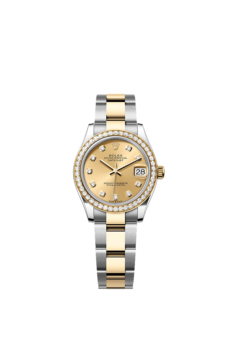 Datejust 31, Oyster, 31 mm, acciaio Oystersteel, oro giallo e diamanti, Quadrante : Color champagne con diamanti, Rolex