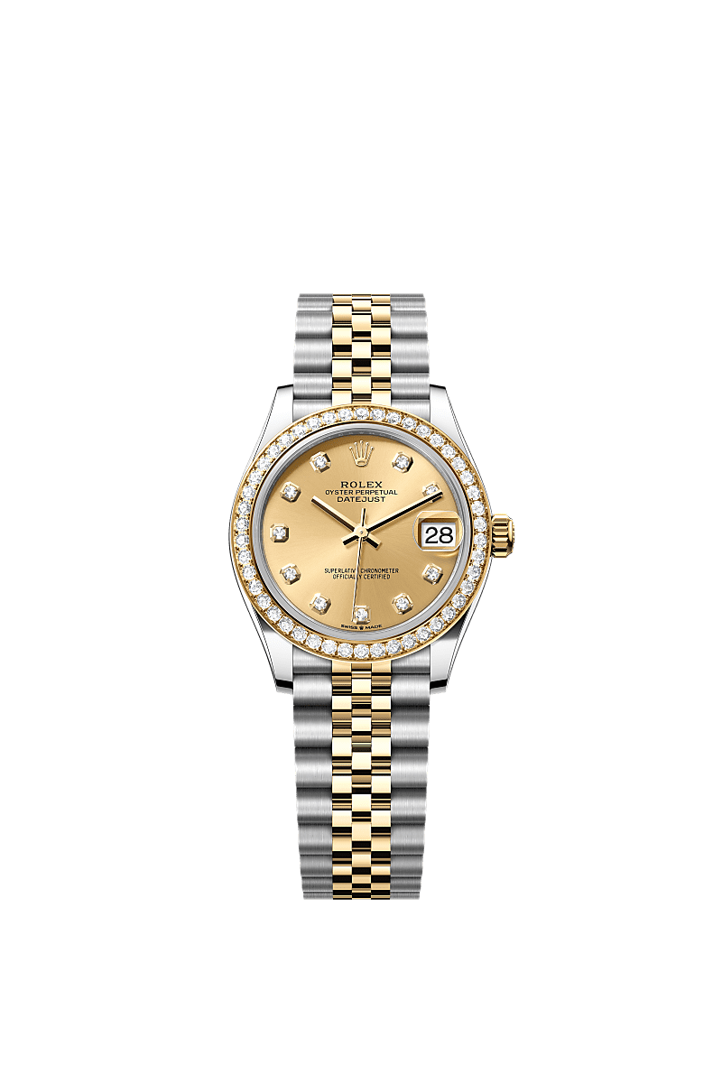 Datejust 31, 蠔式，31毫米，鑽石、黃金及蠔式鋼, 錶面 : 香檳色，鑲鑽石, Rolex