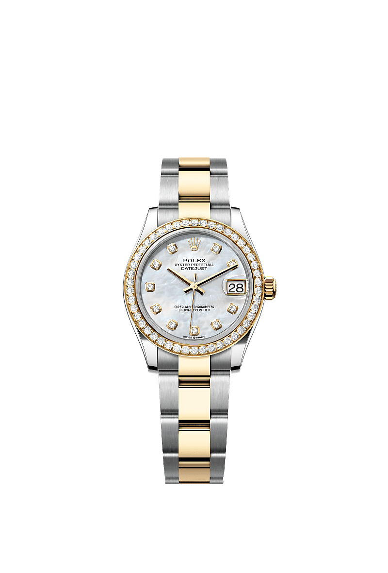 Datejust 31, Oyster, 31 mm, Oystersteel, emas kuning dan berlian, Permukaan : Mutiara tempurung putih bertatahkan berlian, Rolex