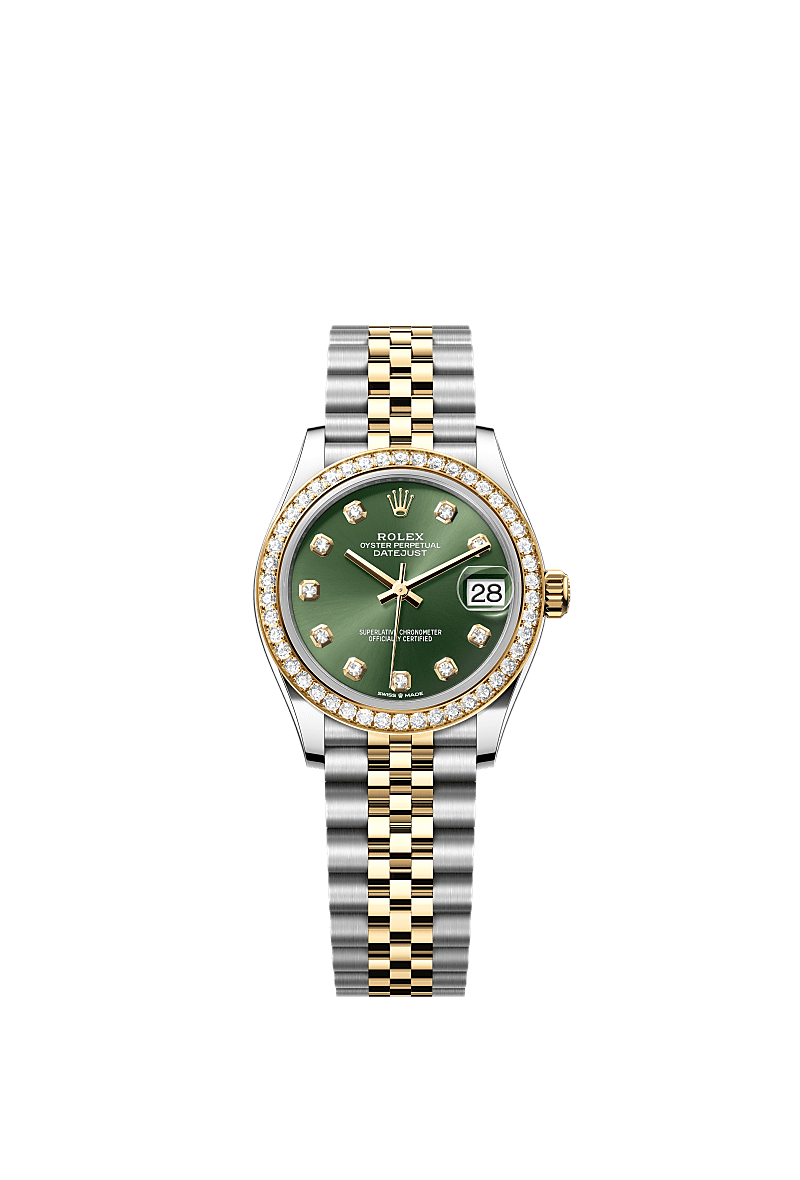Datejust 31, Oyster, 31 mm, acciaio Oystersteel, oro giallo e diamanti, Quadrante : Verde oliva con diamanti, Rolex