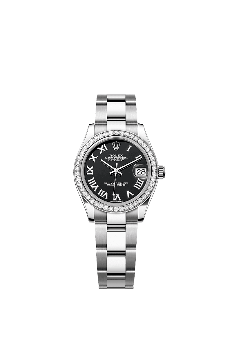 Datejust 31, Oyster, 31 mm, Oystersteel, witgoud en diamanten, Wijzerplaat : Helderzwart, Rolex