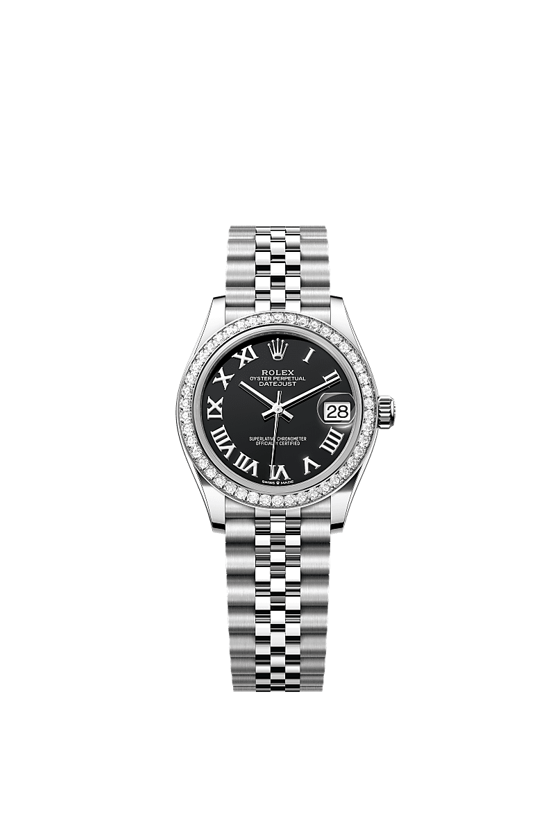 Datejust 31, Oyster, 31 mm, thép Oystersteel, vàng trắng và kim cương, Mặt đồng hồ : Màu đen sáng, Rolex