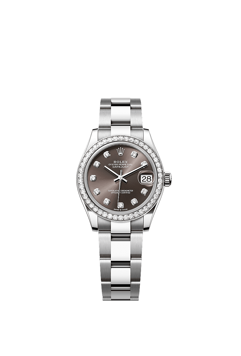 Datejust 31, Oyster, 31 mm, thép Oystersteel, vàng trắng và kim cương, Mặt đồng hồ : màu xám đen nạm kim cương, Rolex